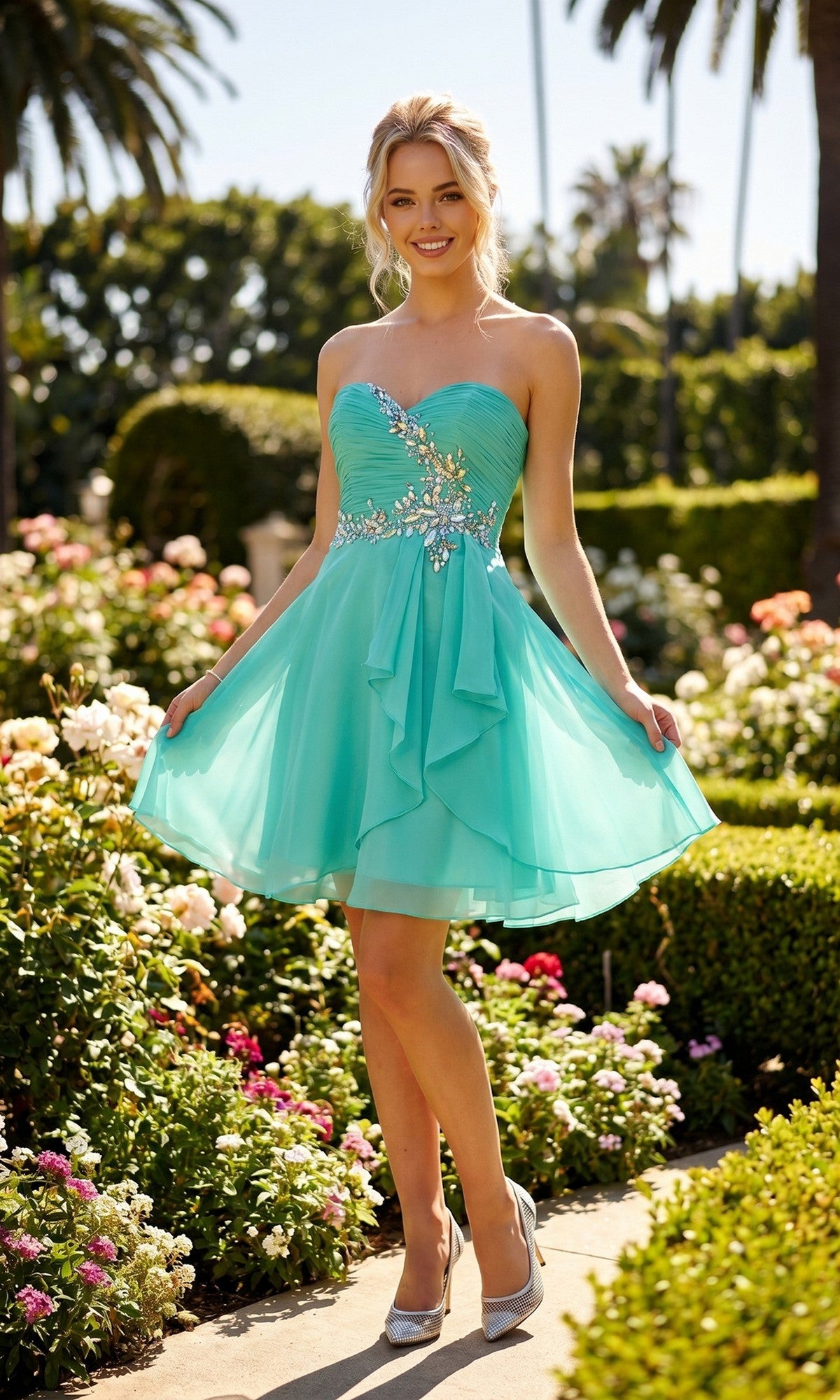 A woman stands in a garden surrounded by flowers and palm trees, smiling as she holds the skirt of the Juliet JT741 short homecoming dress—a strapless turquoise gown featuring silver embellishments and a pleated bodice.
